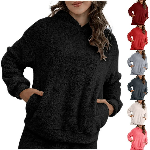 ZZwxWA Women's Fluffy Soft Fleece Sweaters Casual Comfortable Fuzzy Hooded Sweatshirt Solid Long Sleeve Sherpa Pullover Tops