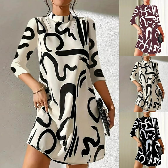 ZZwxWA Women's Graphic Print Short Dress Long Sleeve Mock Neck Tunic Dresses Summer Casual Dresses for Womens