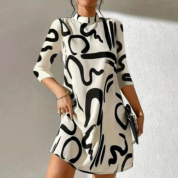 ZZwxWA Women's Graphic Print Short Dress Long Sleeve Mock Neck Tunic Dresses Summer Casual Dresses for Womens