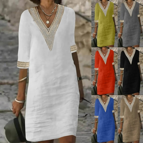 ZZwxWA Women's Half Sleeve V-Neck Lace Ruffled Summer Dress Casual Ethnic Solid Basic Fashion Mid-Length Gifts