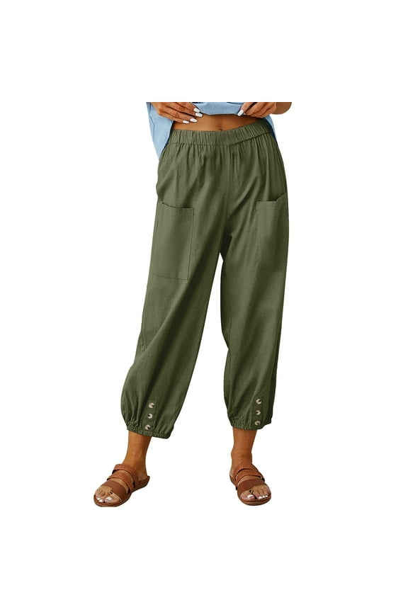 Women's High Waist Pants Drawstring Capri Pants with Pocket Wide Leg Cropped Pants for Women Ladies Cotton Linen Summer Gift Solid Trousers Up to 45% Off