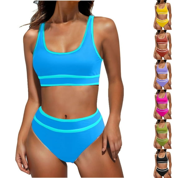 ZZwxWA Women's High Waisted Bikini Sets Two Piece Swimsuits for Women Sporty Color Block High Cut Bathing Suits 2025