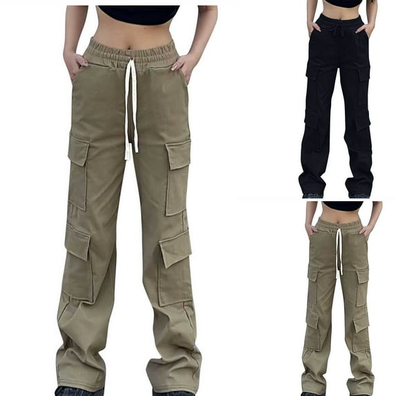 ZZwxWA Women's High Waisted Cargo Pants Womens Casual Solid Color Hip Hop Vintage Y2K Baggy Loose Wide Leg Pants Drawstring Trousers