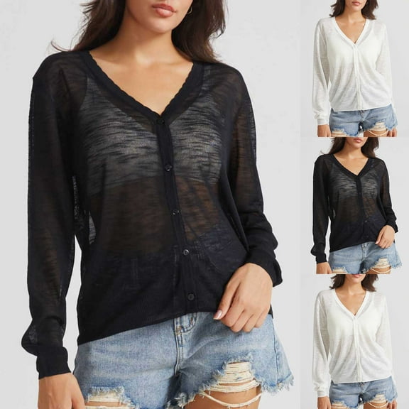 ZZwxWA Women's Knitted Cardigan Sweater V-Neck Long-Sleeved Single-Breasted Casual Thin Coat Spring Summer Cover Up