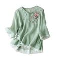 thumbnail image 1 of ZZwxWA Women's Linen Embroidery Blouse V Neck 3/4 Sleeve Shirts Tops Shirts for Women Business Casual Trendy Clothes Womens Floral Print Retro Spring Fall Tshirts Holiday Gift Finder, 1 of 3