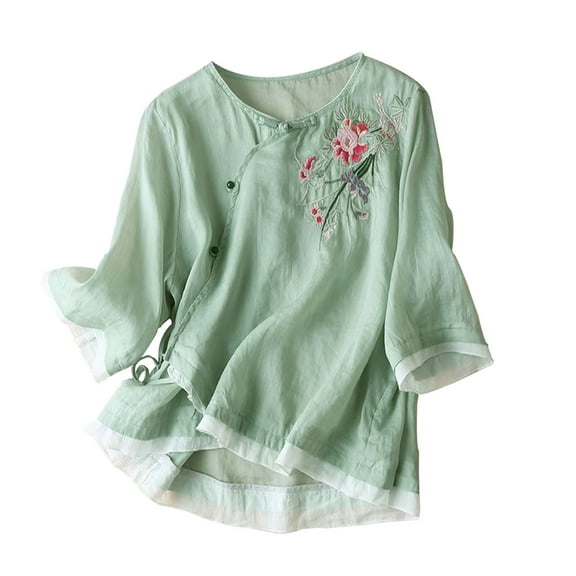 ZZwxWA Women's Linen Embroidery Blouse V Neck 3/4 Sleeve Shirts Tops Shirts for Women Business Casual Trendy Clothes Womens Floral Print Retro Spring Fall Tshirts Holiday Gift Finder