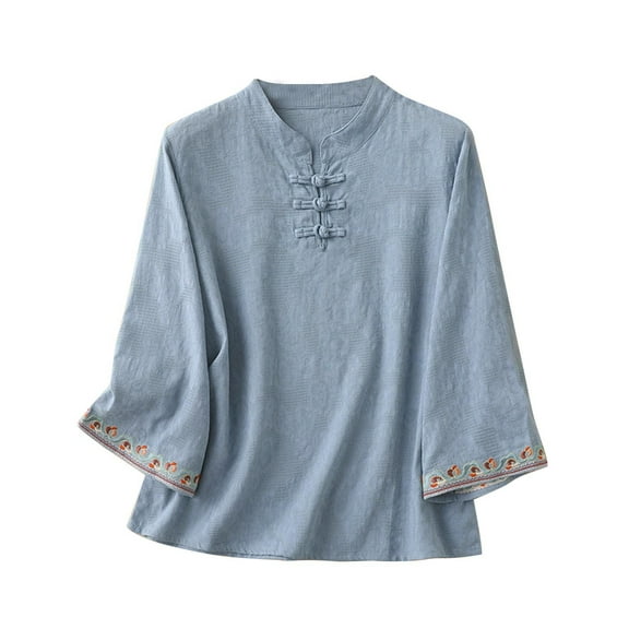 ZZwxWA Women's Linen Retro Chinese Frog Button Tops Mandarin Collar Blouse Embroidery Long Sleeve Shirts Trendy Plus Size Shirts T-Shirts up to 65% Off