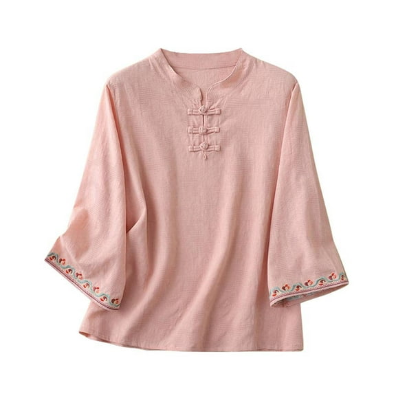 ZZwxWA Women's Linen Retro Chinese Frog Button Tops Mandarin Collar Blouse Embroidery Long Sleeve Shirts Trendy Plus Size Shirts T-Shirts Holiday Saving