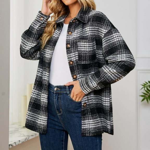 ZZwxWA Women's Long Sleeve 2025 Plaid Jacket Coat Casual Boyfriend Outwear Button Down Shirts Fall and Winter Coat Shacket