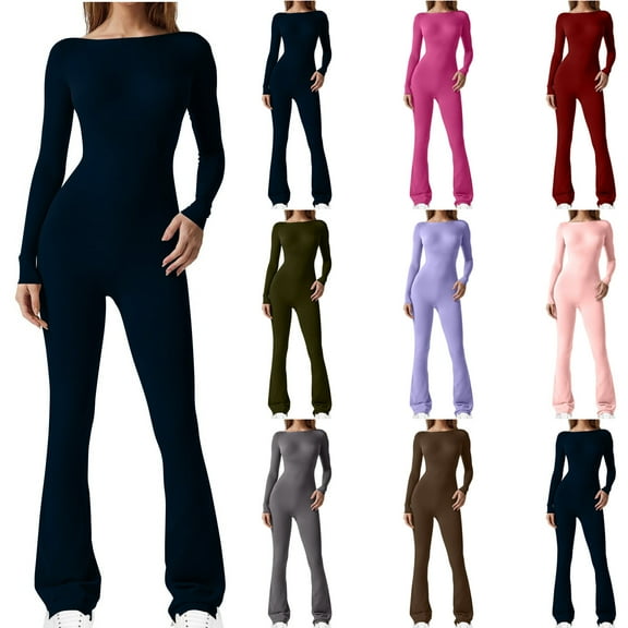ZZwxWA Women's Long Sleeve Flared Jumpsuit Stretchy One Piece Backless Bodycon Playsuit Sexy Full Length Legging Rompers