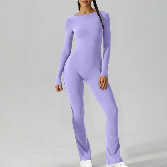 ZZwxWA Women's Long Sleeve Flared Jumpsuit Stretchy One Piece Backless Bodycon Playsuit Sexy Full Length Legging Rompers