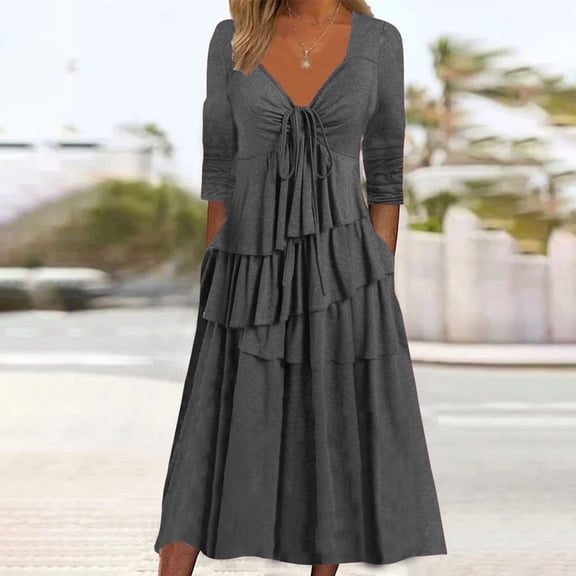 ZZwxWA Women's Long Sleeve Solid Color Dress Tiered Skirt V Neck Drawstring Fashion 2025 Hem Ruffles Swing Casual Weekend Dresses Cocktail Party