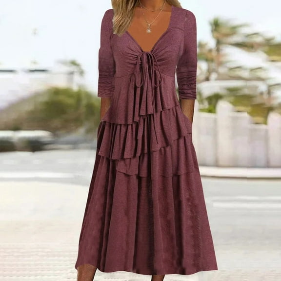 ZZwxWA Women's Long Sleeve Solid Color Dress Tiered Skirt V Neck Drawstring Fashion 2025 Hem Ruffles Swing Casual Weekend Dresses Cocktail Party