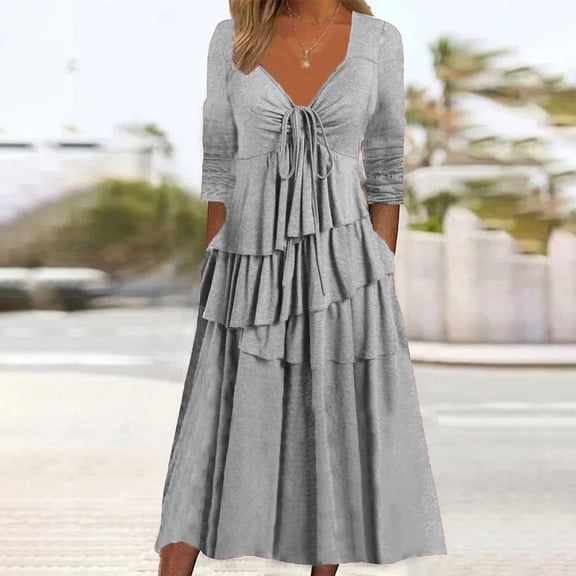 ZZwxWA Women's Long Sleeve Solid Color Dress Tiered Skirt V Neck Drawstring Fashion 2025 Hem Ruffles Swing Casual Weekend Dresses Cocktail Party