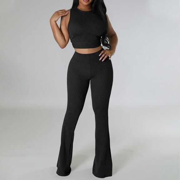 ZZwxWA Women's Lounge Sets 2 Piece Outfits Sleeveless Crops Tank Tops Flare Pants Loungewear Sweatsuit Skim Sets Solid