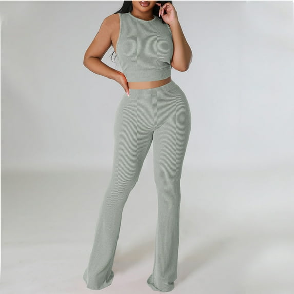 ZZwxWA Women's Lounge Sets 2 Piece Outfits Sleeveless Crops Tank Tops Flare Pants Loungewear Sweatsuit Skim Sets Solid