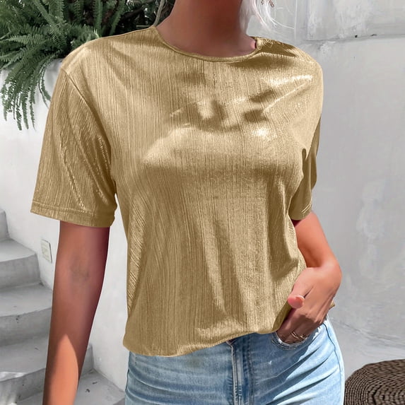 ZZwxWA Women's Metallic Shiny Tops Round Neck Short Sleeve Party Disco Tee Shirt Top Loose Summer Casual Womens Tops Tshirts