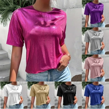 ZZwxWA Women's Metallic Shiny Tops Round Neck Short Sleeve Party Disco Tee Shirt Top Loose Summer Casual Womens Tops Tshirts