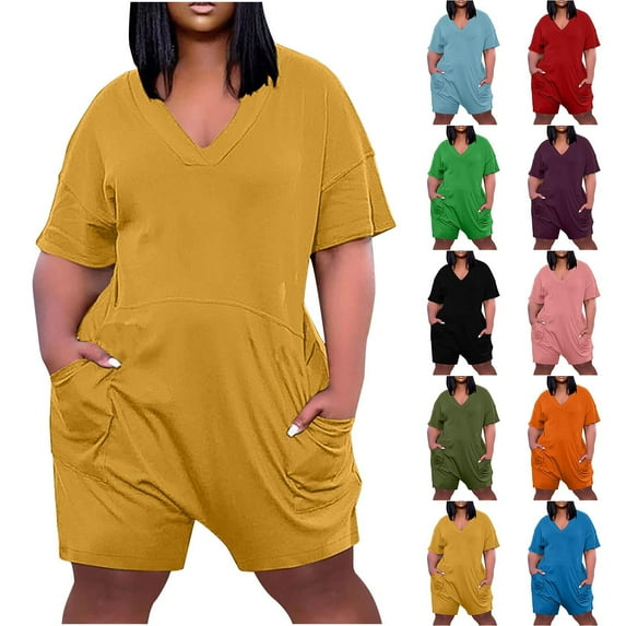 ZZwxWA Women's Oversized Overalls Summer Plus Size V Neck Short Sleeve Pocket Knee Casual Jumpsuit Jumpsuits Solid Color