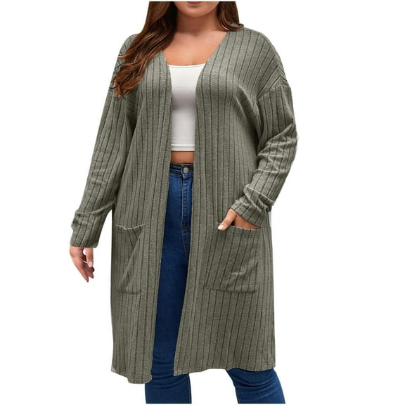 ZZwxWA Women's Plus Size Casual Open Front Long Sleeve Knit Pocket Lightweight Cardigan Sweater Coat Top Casual Sweater with Pockets Lightweight Fall Coat 2025