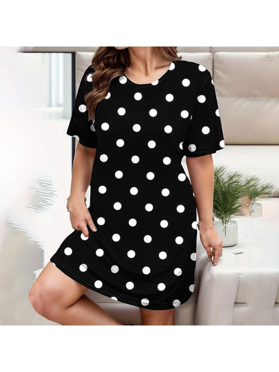 Women's Plus Size Polka Dot Print Short Sleeve T Shirt Dress Casual Crewneck Mini Tunic Dress Beach Party Dresses
