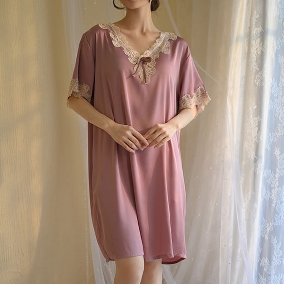 ZZwxWA Women's Relax Nightgowns Sexy Lace Stitching Sleep Dress Summer Short Sleeve V-Neck Nightdress Pajamas Loungewear