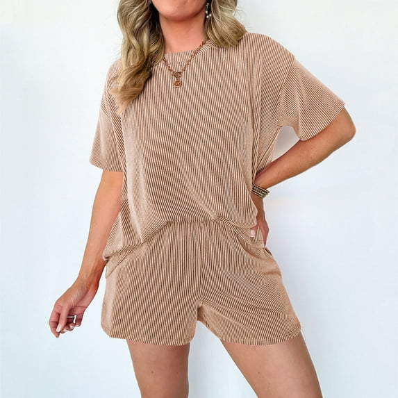 ZZwxWA Women's Ribbed 2 Piece Workout Outfits Short Sleeve Crew Neck Tops and Shorts Sweatsuit Set Summer Casual Tracksuit
