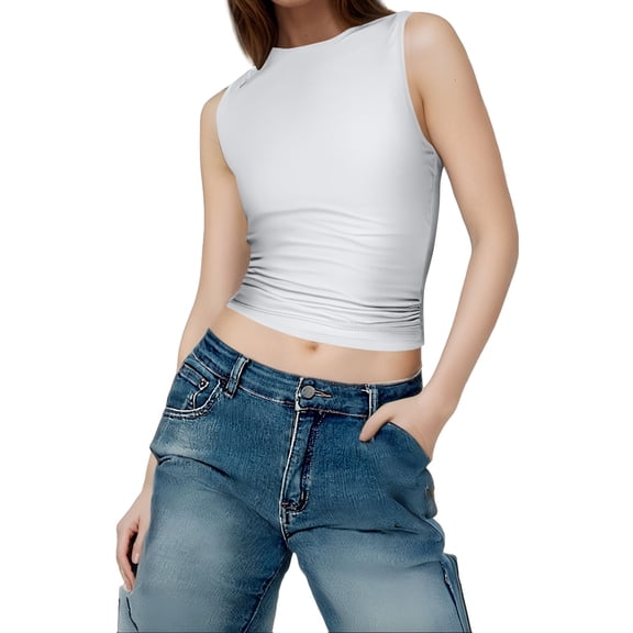 ZZwxWA Women's Ruched Side Sleeveless Tank Tops Basic Summer Solid Crew Neck Casual Slim Fitted Tee Shirts Y2K Blouse