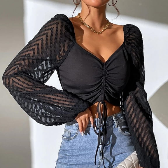 ZZwxWA Women's Ruched Tops Drawstring Sheer Mesh Long Sleeve V Neck Ribbed Crop Top Tee Blouse Shirt Cocktail Party