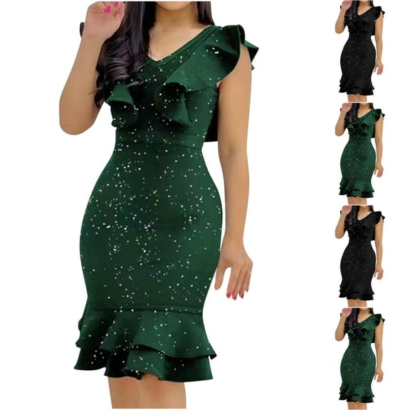 ZZwxWA Women's Ruffle Formal Dress Sleeveless V-Neck Bodycon Dresses Wedding Guest Womens Mini Dresses Cocktail Party Prom Dress
