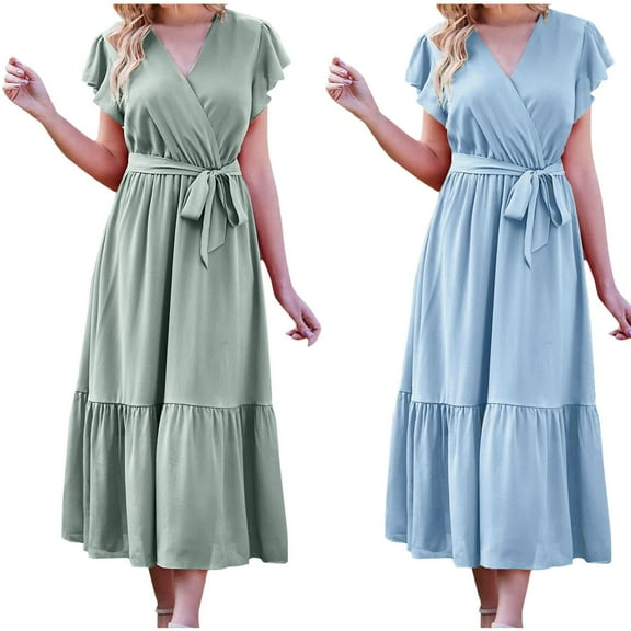ZZwxWA Women's Ruffle Sleeve V-Neck Midi Dress with Belt Chiffon Pleated Hem Casual Wedding Guest A-Line Sundress