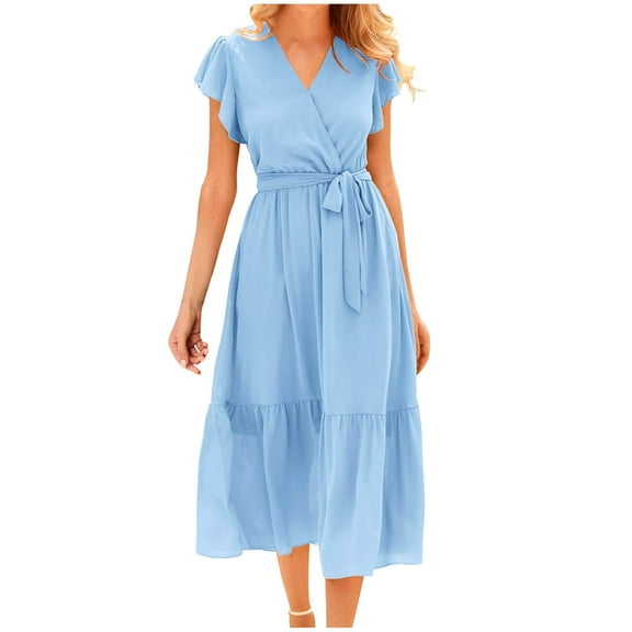 ZZwxWA Women's Ruffle Sleeve V-Neck Midi Dress with Belt Chiffon Pleated Hem Casual Wedding Guest A-Line Sundress