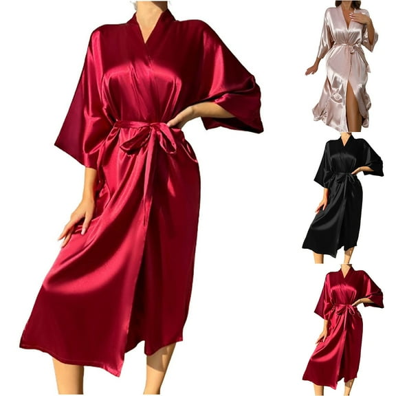 ZZwxWA Women's Satin Robes Long Sleeve Silk Robes Long Kimono Sexy Bride Bathrobes Loungewear with Belt