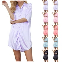 ZZwxWA Women's Satin Silk Nightgown Casual Summer Short Sleeve Button Down Lapel Mini Dresses Loose Sleepshirt