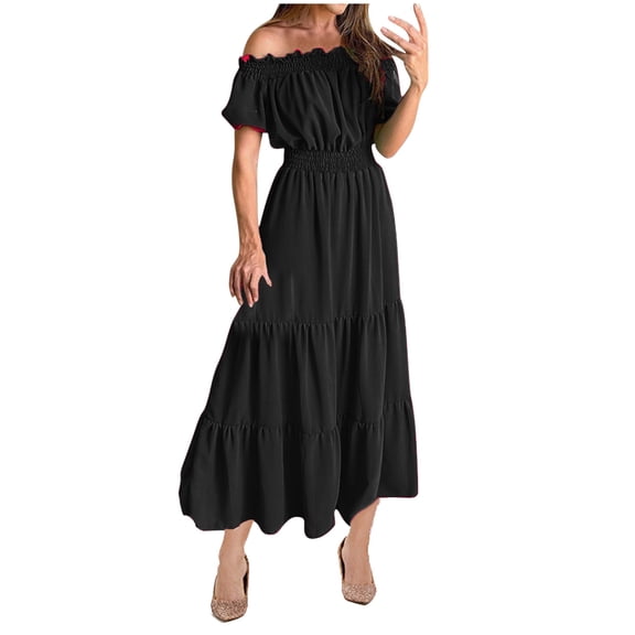 ZZwxWA Women's Sexy Boho Off Shoulder Puff Short Sleeve High Waist Ruffled Flowy A Line Beach Party Maxi Dress Womens Formal Evening Cocktail Party Dress