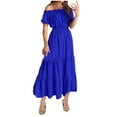thumbnail image 1 of ZZwxWA Women's Sexy Boho Off Shoulder Puff Short Sleeve High Waist Ruffled Flowy A Line Beach Party Maxi Dress Womens Formal Evening Cocktail Party Dress, 1 of 5