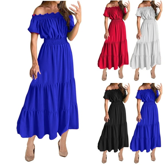 ZZwxWA Women's Sexy Boho Off Shoulder Puff Short Sleeve High Waist Ruffled Flowy A Line Beach Party Maxi Dress Womens Formal Evening Cocktail Party Dress