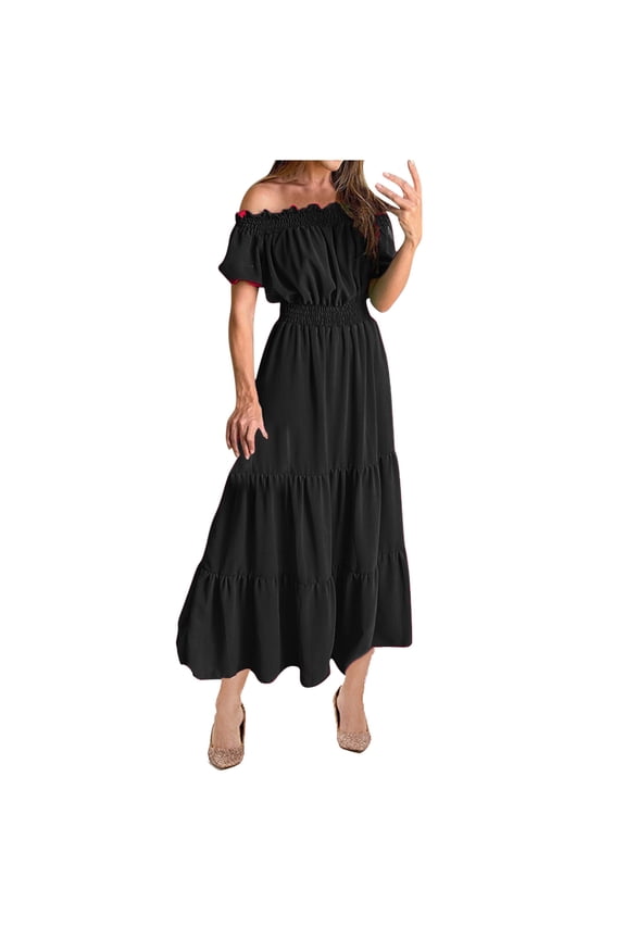 Women's Sexy Boho Off Shoulder Puff Short Sleeve High Waist Ruffled Flowy A Line Beach Party Maxi Dress Womens Formal Evening Cocktail Party Dress