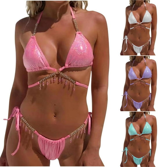 ZZwxWA Women's Sexy Halter Bikini Swimsuit Two Piece Set Shiny Rhinestone Bra and Tie Side Thong Party Bathing Suit