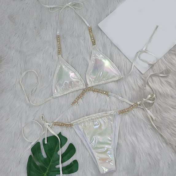 ZZwxWA Women's Sexy Halter Bikini Swimsuit Two Piece Set Shiny Rhinestone Bra and Tie Side Thong Party Bathing Suit