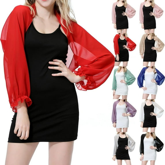 ZZwxWA Women's Sheer Chiffon Long Sleeve Shawl for Dress Open Front Cropped Cardigan Party Cover Up Crop Top