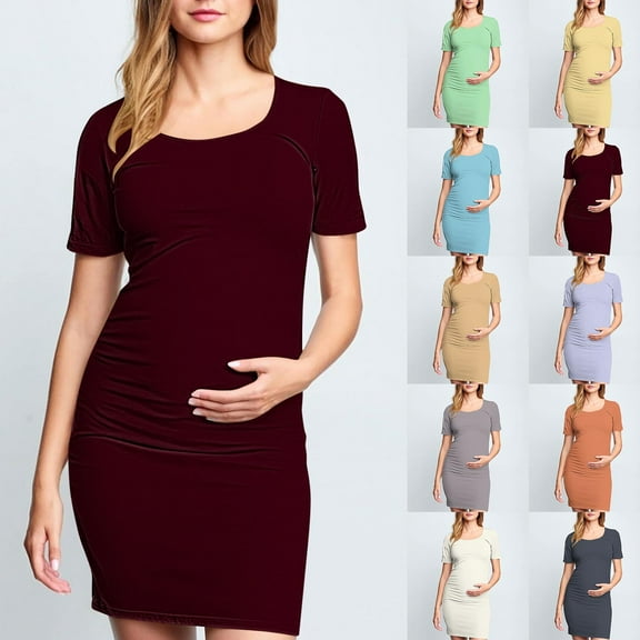 ZZwxWA Women's Short Sleeve Bodycon Maternity Pregnancy Casual Streched Dress with Side Ruched Holiday