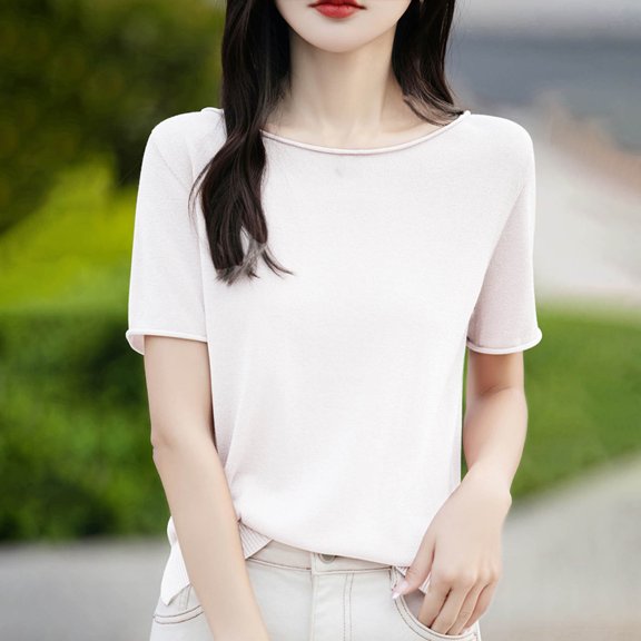 ZZwxWA Women's Short Sleeve O-Neck Sweater Wool Pullover Cashmere Knitted T-Shirt Womens Cashmere Sweater Casual