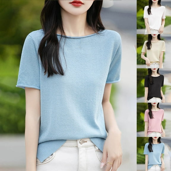 ZZwxWA Women's Short Sleeve O-Neck Sweater Wool Pullover Cashmere Knitted T-Shirt Womens Cashmere Sweater Casual