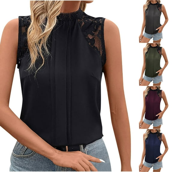 ZZwxWA Women's Sleeveless Tank Tops Mock Neck Lace Floral Patchwork Pleated Casual Loose Blouses Shirts