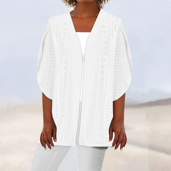 ZZwxWA Women's Solid Eyelet-Cardigan Open Front Cardigan Sweater Casual Batwing Sleeve Mesh Autumn Coat for Mature Women