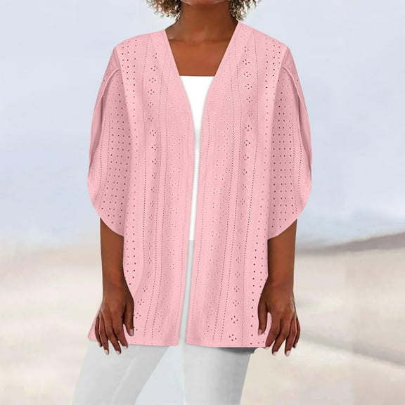 ZZwxWA Women's Solid Eyelet-Cardigan Open Front Cardigan Sweater Casual Batwing Sleeve Mesh Autumn Coat for Mature Women