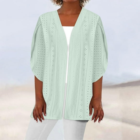 ZZwxWA Women's Solid Eyelet-Cardigan Open Front Cardigan Sweater Casual Batwing Sleeve Mesh Autumn Coat for Mature Women