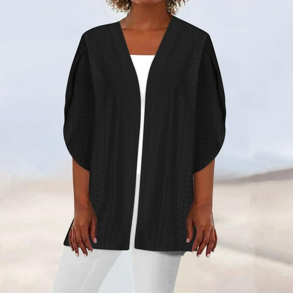 ZZwxWA Women's Solid Eyelet-Cardigan Open Front Cardigan Sweater Casual Batwing Sleeve Mesh Autumn Coat for Mature Women