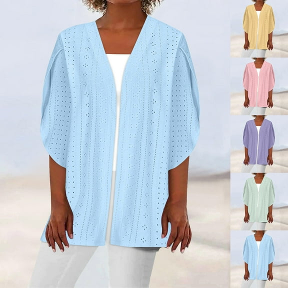 ZZwxWA Women's Solid Eyelet-Cardigan Open Front Cardigan Sweater Casual Batwing Sleeve Mesh Autumn Coat for Mature Women
